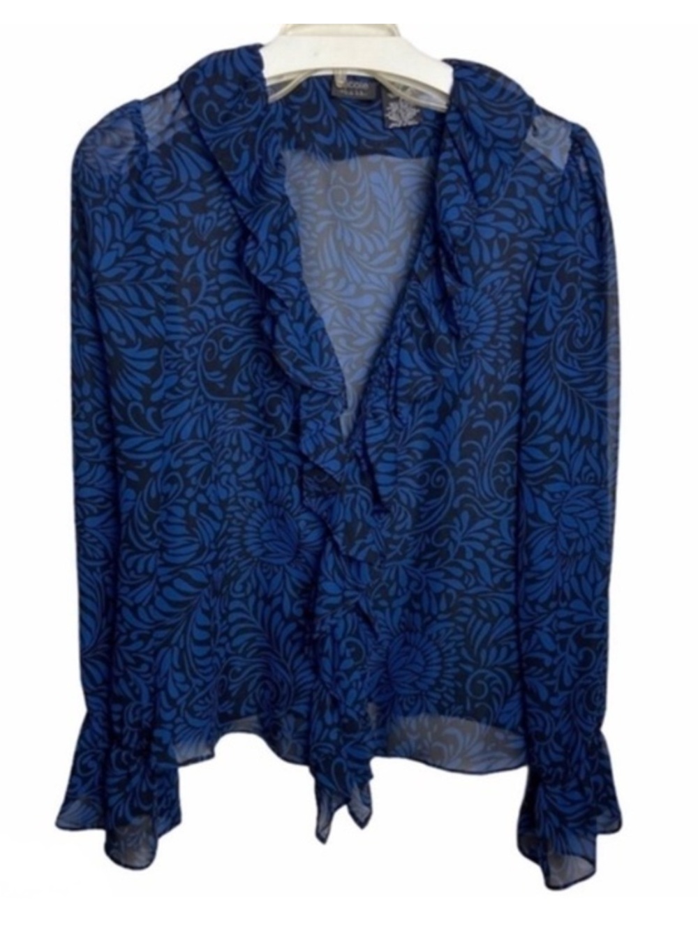 NICOLE by NICOLE MILLER Blue Black Floral Ruffle Blouse Chiffon V-Neck Tie Front